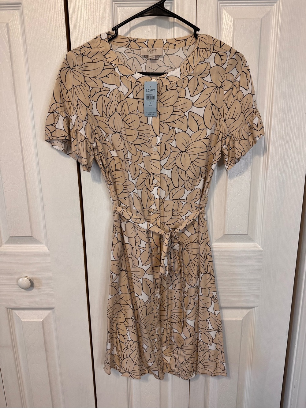 Loft Outlet Summer Belted Button Up Shirt Dress Beige Black Flower Detail Sz 2P - Picture 3 of 12